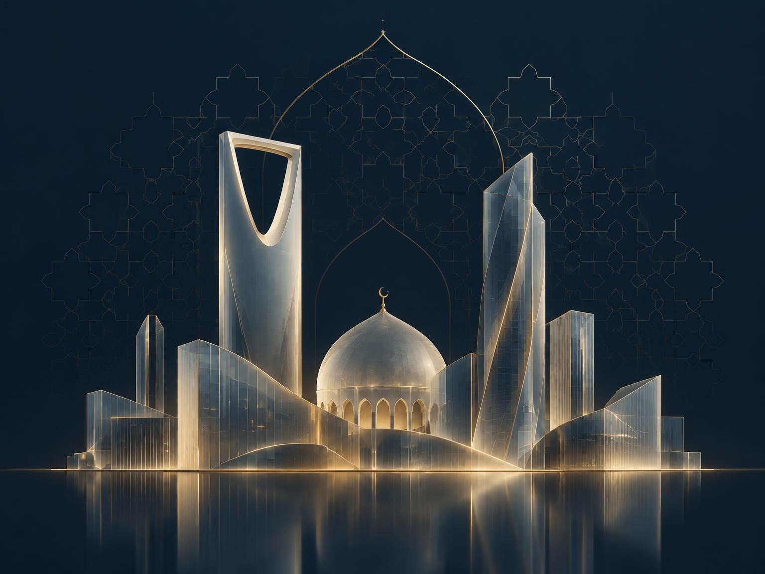 تصوّر معماري لمبانٍ حديثة وقبة مسجد بخطوط ذهبية